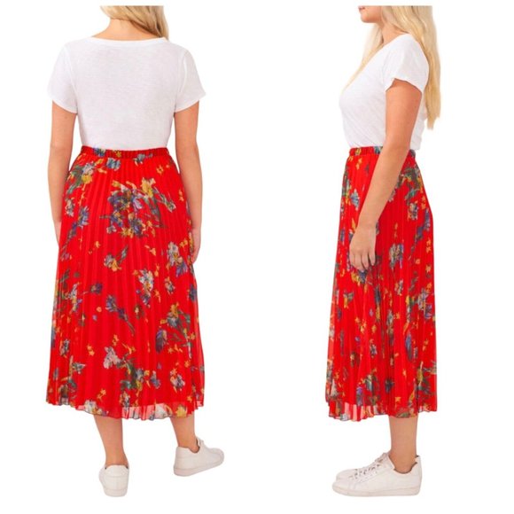 Red Vince Camuto Ladies Detailed Pull On Pleated Midi Skirt - Picture 1 of 1